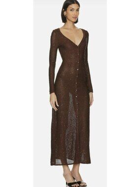 Misa Los Angeles Rafael Brown Sequin Button-Down Maxi Dress Cardigan Medium NWT
